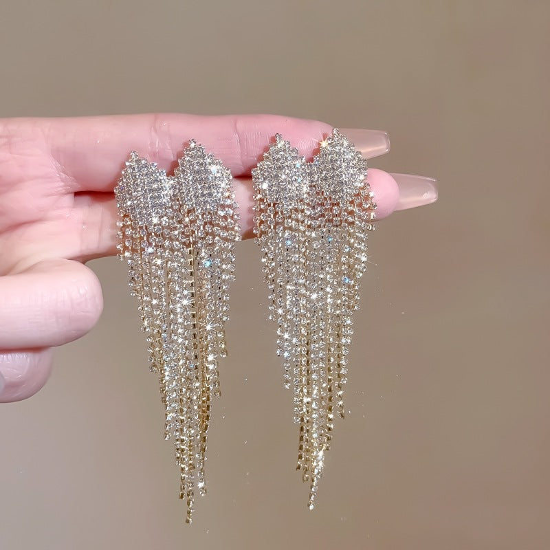 Full Pave Crystal Heart Chain Tassel Long Drop Earrings, Solid S925 Silver Gold & Silver Two-Tone Luxury Banquet Sparkling Jewelry