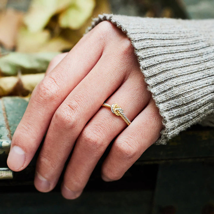 Two‑Tone Gold & Silver Twisted Cord Love Knot S925 Silver Ring, Intertwined Knot Thin Band Ring