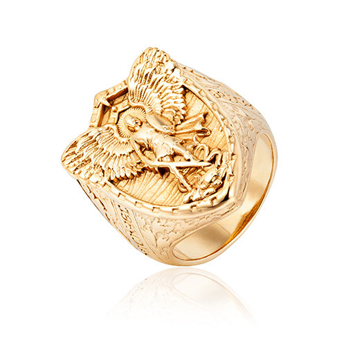 St. Michael Shield Embossed Guardian Signet Ring, S925 Silver Gold Tone / Antiqued Silver Religious Wide Band