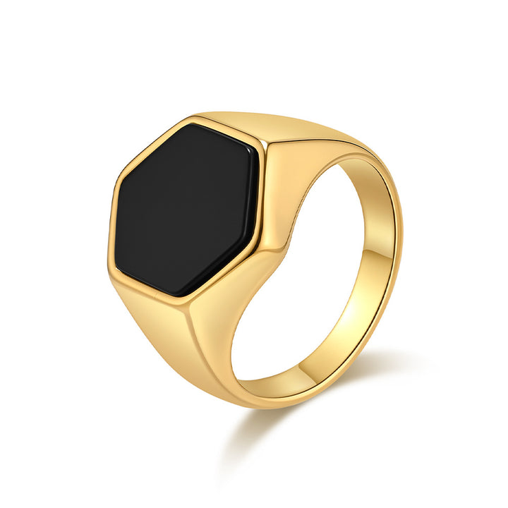 Titanium Steel Geometric Hexagon Seal Black Stone Ring (Minimalist Understated Style)