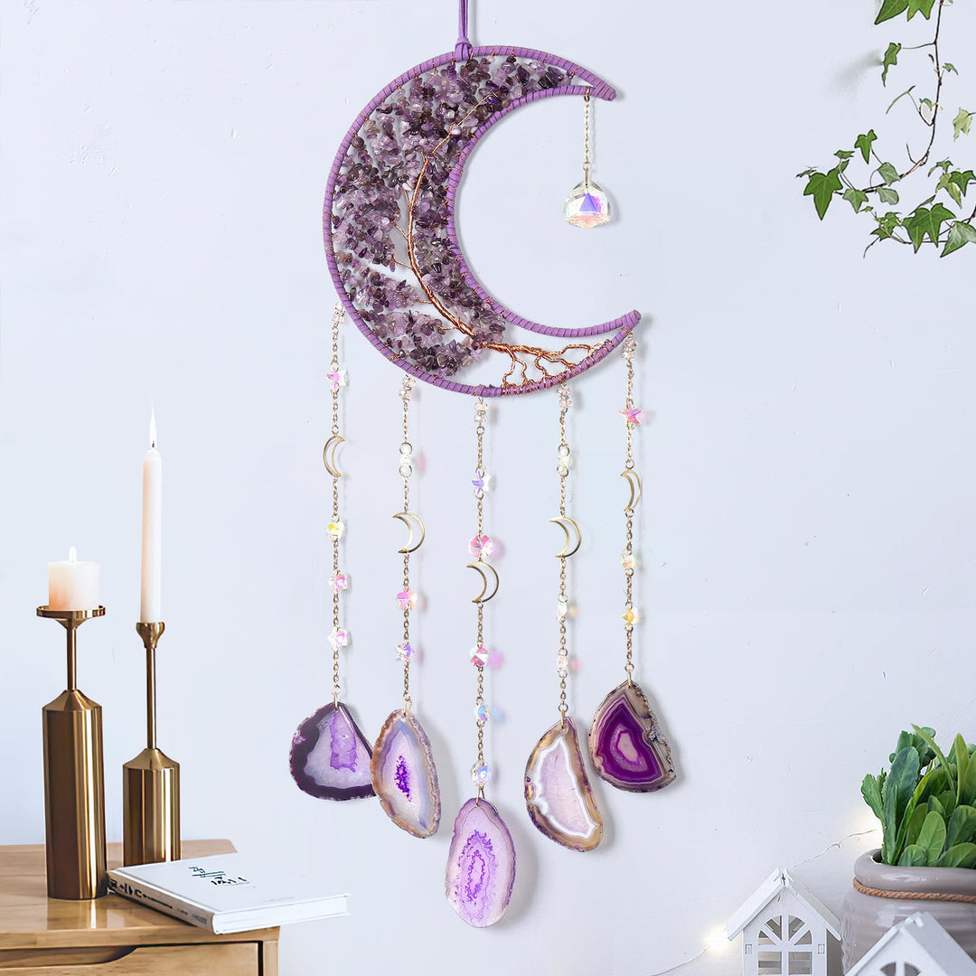 Natural Crystal Stones Moon Dreamcatcher Ornament (Spiritual Healing Style Series)