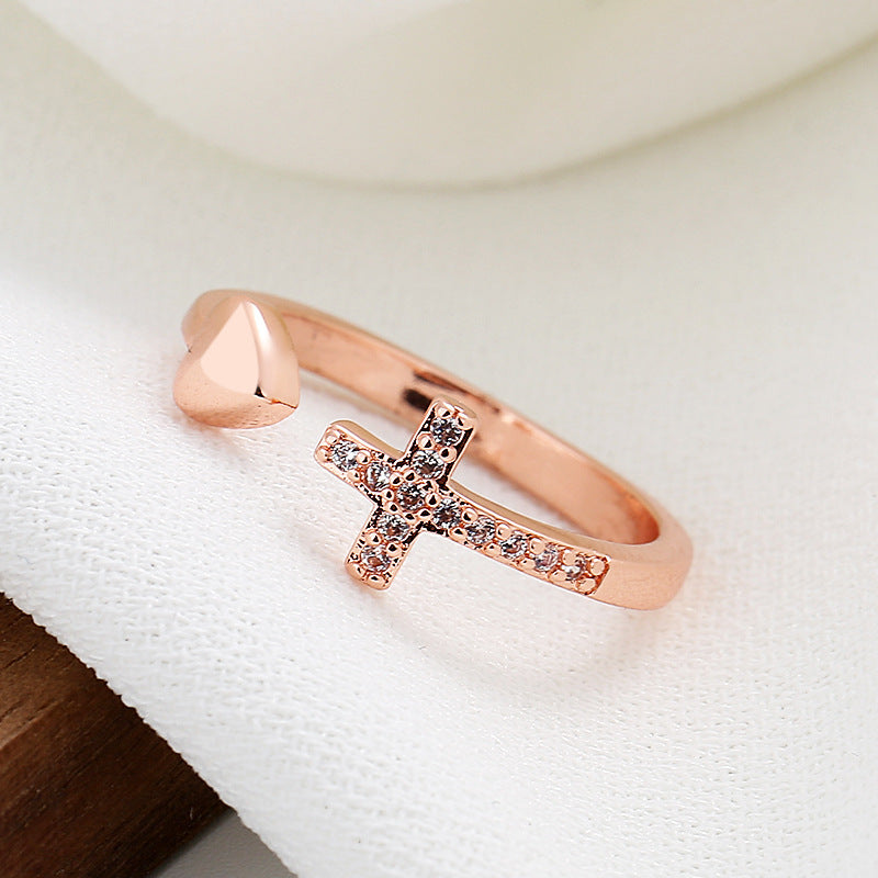 Jesus Cross Heart Open Ring for Women – Minimalist Diamond Faith Ring