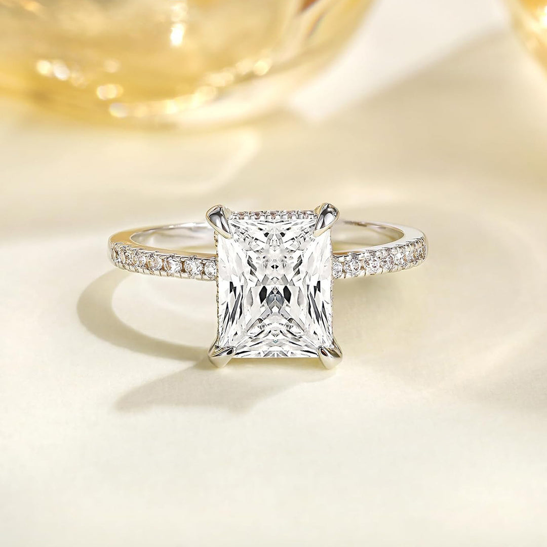 S925 Silver Four-Prong Emerald-Cut Diamond Ring