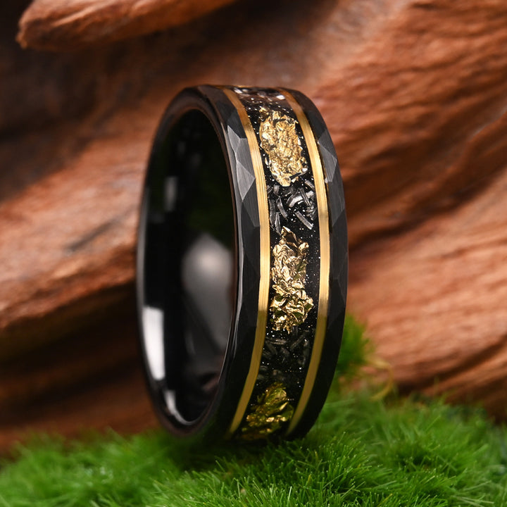 Tungsten Carbide Couple Rings – Hammered Black Rings with Meteorite Inlay