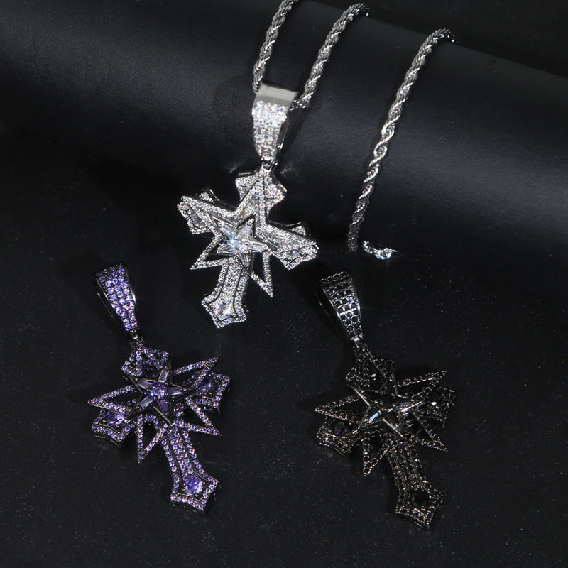 Hip-Hop Rotatable Pentagram Cross Zircon Pendant Necklace