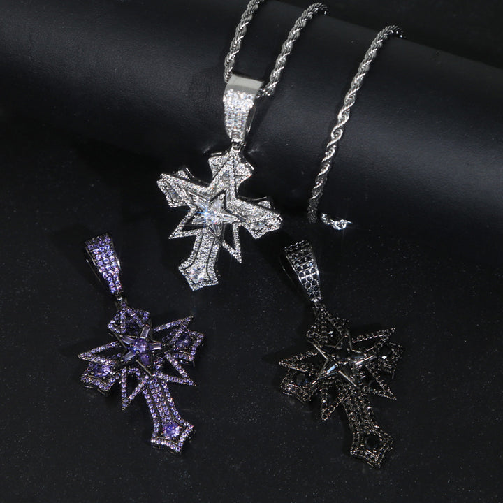 Hip-Hop Rotatable Pentagram Cross Zircon Pendant Necklace