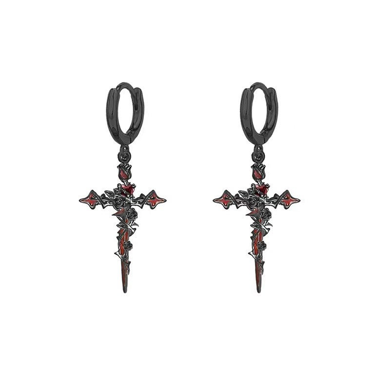 Gothic Fallen Angel Cross Earrings & Necklace Set with Red Heart and Rose – Silver Design