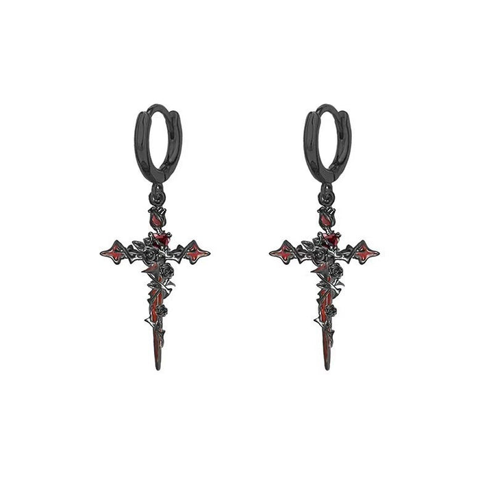 Gothic Fallen Angel Cross Earrings & Necklace Set with Red Heart and Rose – Silver Design