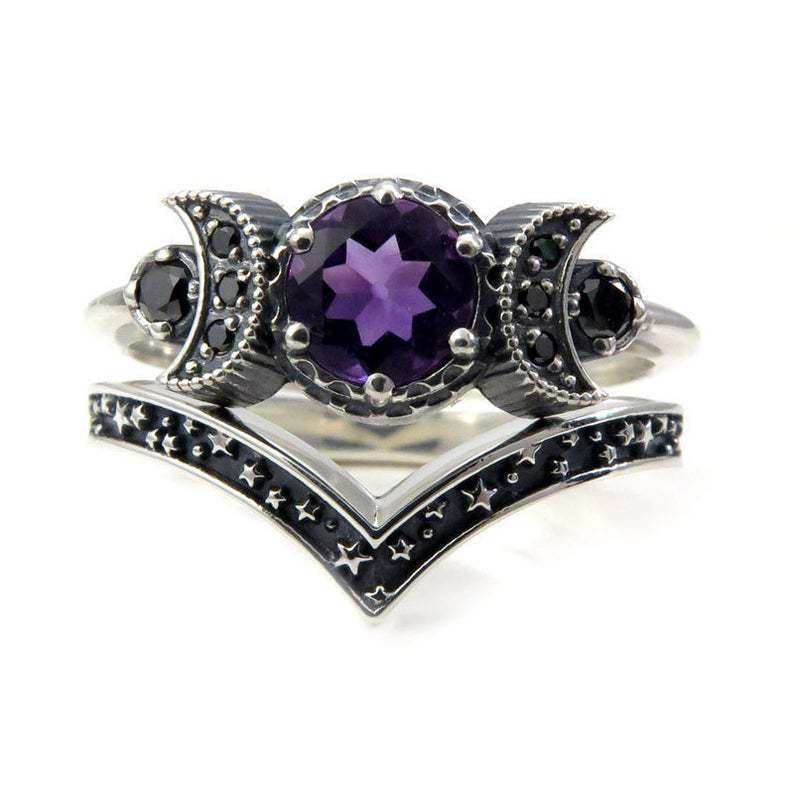 Gothic Moon-Star Double-Layer Ring Set (Dark Mysterious Colored Stone Version)