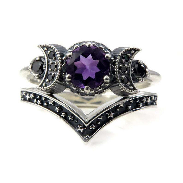 Gothic Moon-Star Double-Layer Ring Set (Dark Mysterious Colored Stone Version)