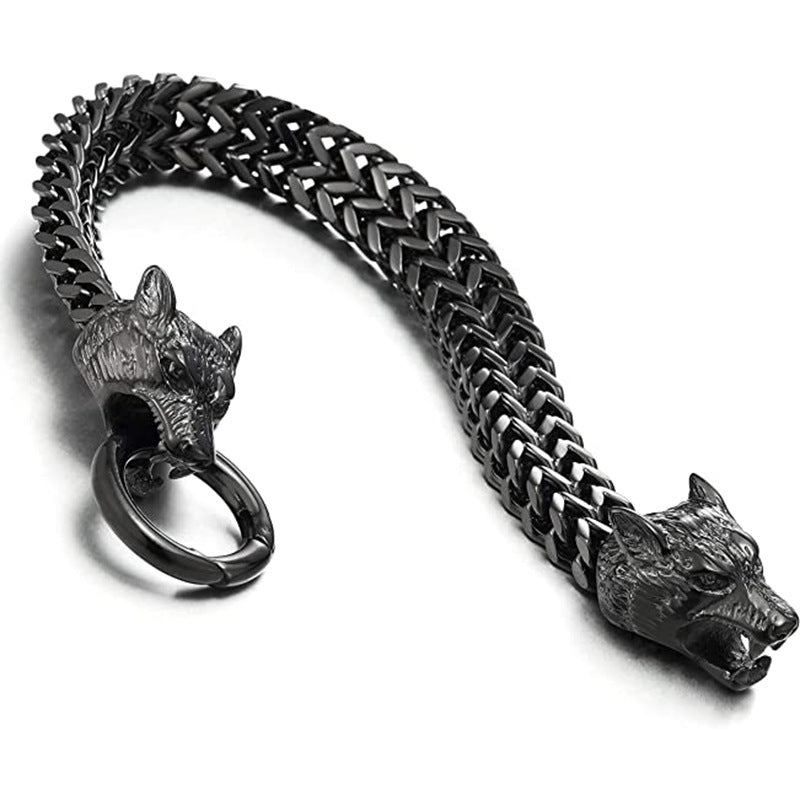 Viking Wolf Head Franco Chain Titanium Steel Bracelet (Retro Hardcore Style)