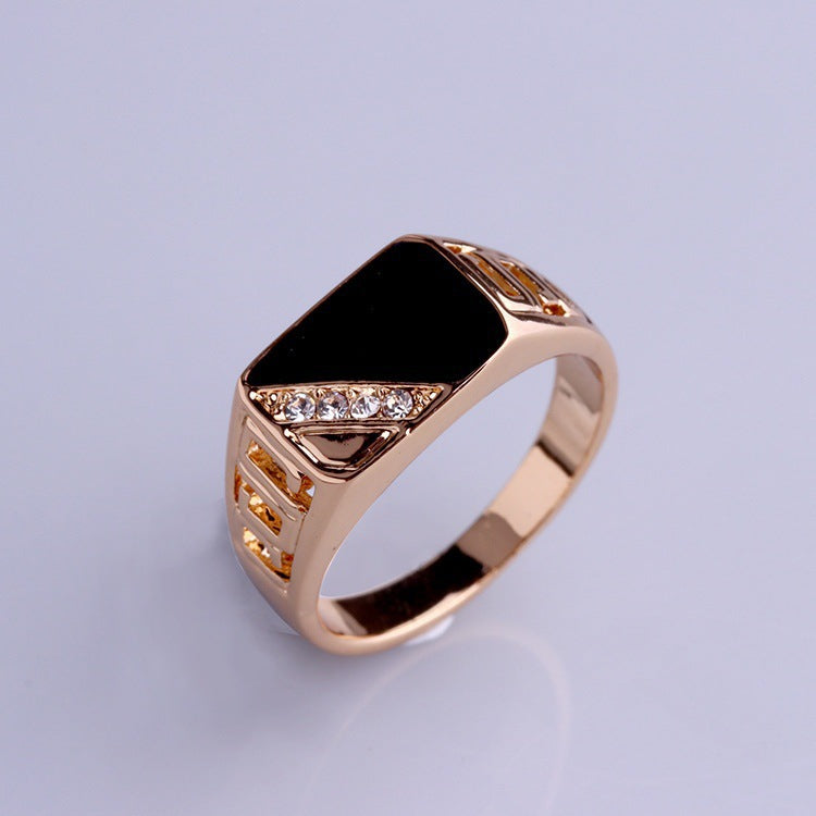 Titanium Steel Geometric Black Face Diamond-Embedded Men's Ring (Light Luxury Business Style)