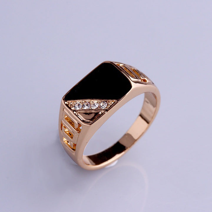 Titanium Steel Geometric Black Face Diamond-Embedded Men's Ring (Light Luxury Business Style)