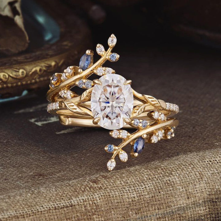 18K Gold-Plated Leaf Design Ring Set with Colorful Zircon