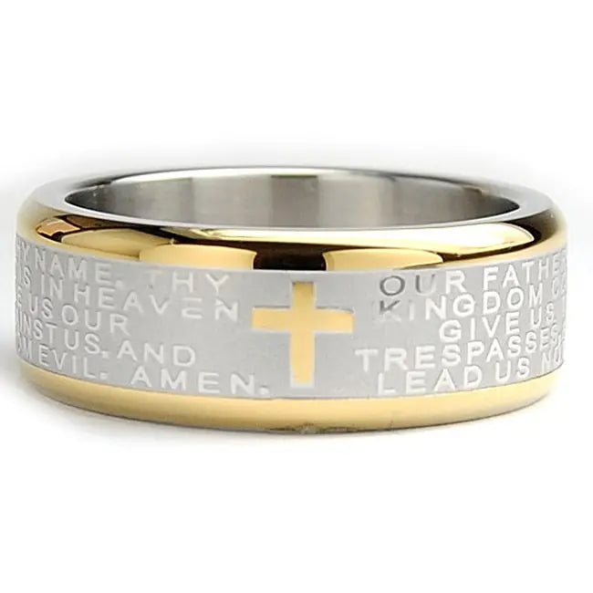 Two-Tone Lord's Prayer Cross Ring, Engraved Scripture Titanium Steel Religious Band For Men