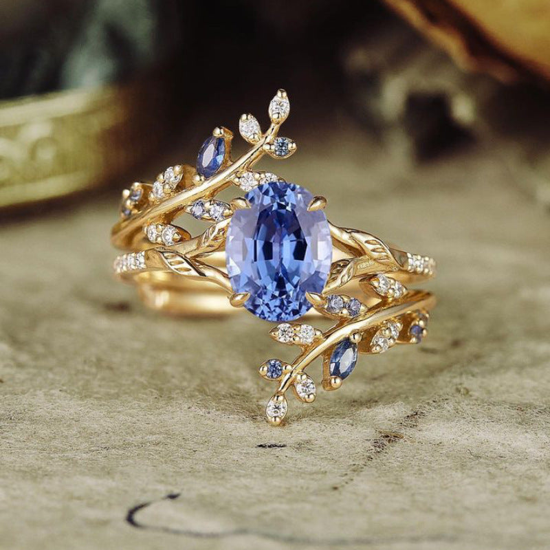 18K Gold-Plated Leaf Design Ring Set with Colorful Zircon