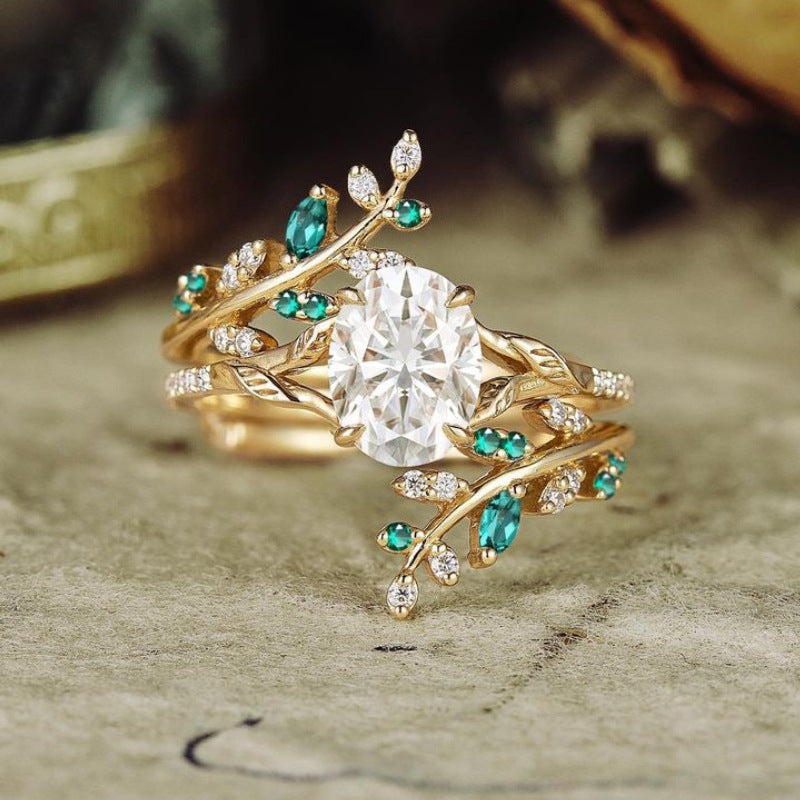 18K Gold-Plated Leaf Design Ring Set with Colorful Zircon