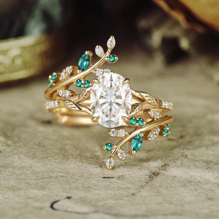 18K Gold-Plated Leaf Design Ring Set with Colorful Zircon