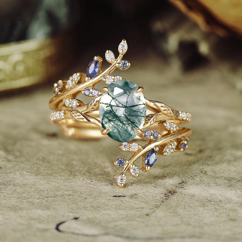 18K Gold-Plated Leaf Design Ring Set with Colorful Zircon