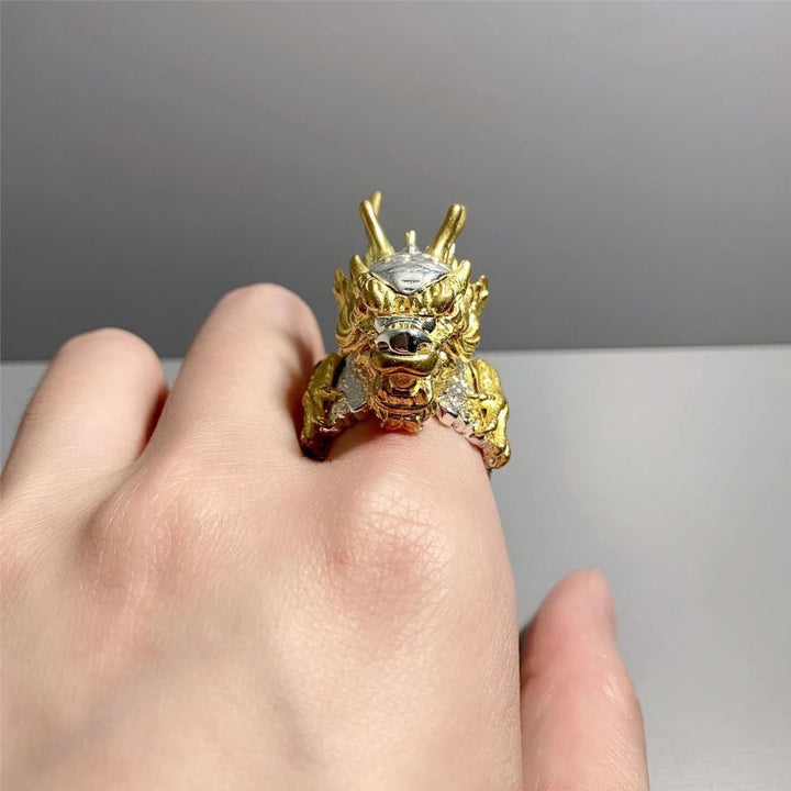 Two-Tone 3D Divine Beast Cloud Open Ring, S925 Silver Gold Plated Vintage Adjustable Wide Band For Men