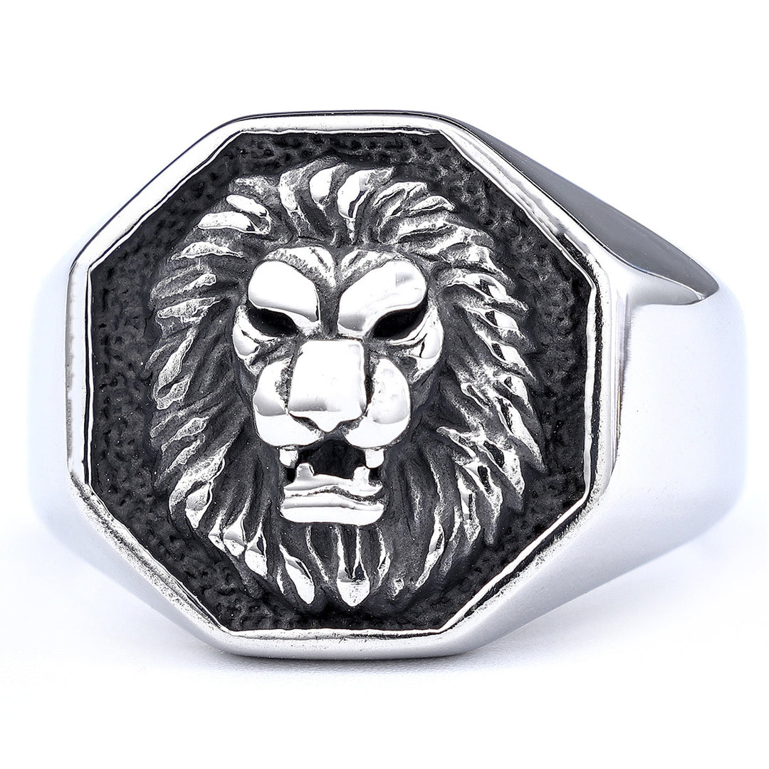 3D Lion Head Embossed Octagon Signet Ring, S925 Silver Full Gold / Silver / Silver-Gold Contrast Bold Men’s Band