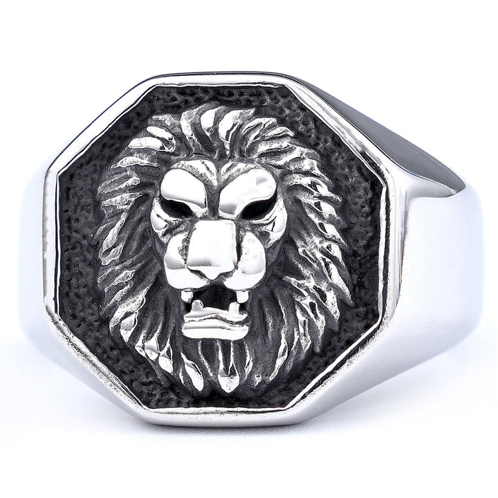 3D Lion Head Embossed Octagon Signet Ring, S925 Silver Full Gold / Silver / Silver-Gold Contrast Bold Men’s Band
