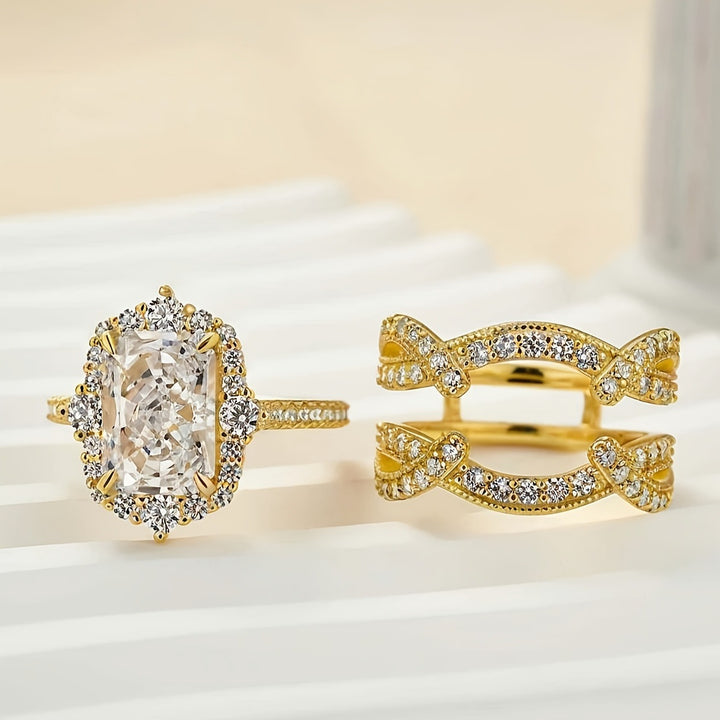 Radiant Cut Rectangle DiamondDouble Stackable Bridal Ring Set, Solid S925 Silver Gold & Silver Two-Tone Pave Crystal Engagement 2-Piece Band