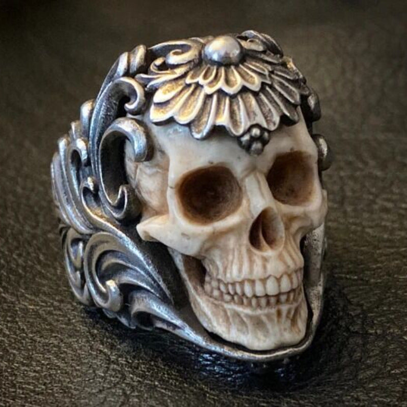 Vintage Baroque Scroll & Lotus Bone Carved Skull Wide Ring, S925 Silver Antiqued Gothic Embossed Men’s Band