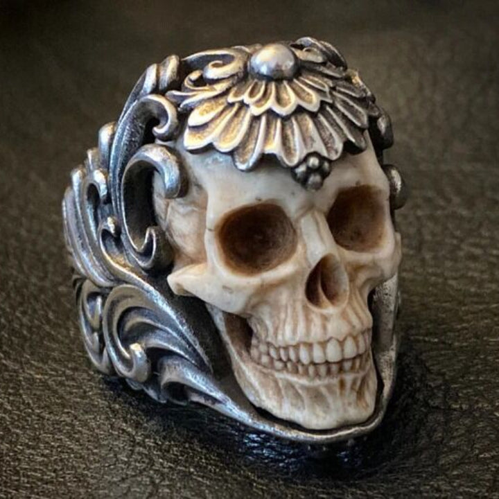 Vintage Baroque Scroll & Lotus Bone Carved Skull Wide Ring, S925 Silver Antiqued Gothic Embossed Men’s Band