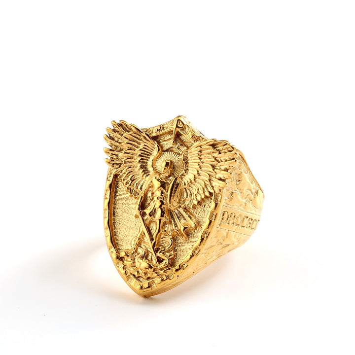 S925 Silver Archangel Shield Relief Men Ring, Vintage Heavy‑Craft Guardian Wide Band Ring