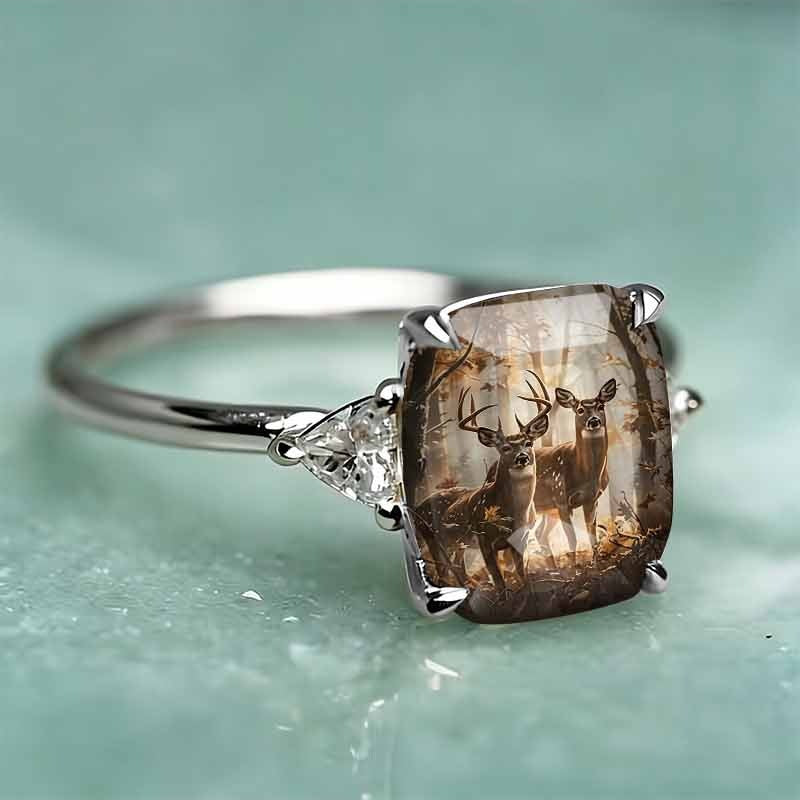 S925 Silver Square Forest‑Deer Pattern Center Stone Ring, Women Slim Band Accented With Trillion‑Cut Diamond