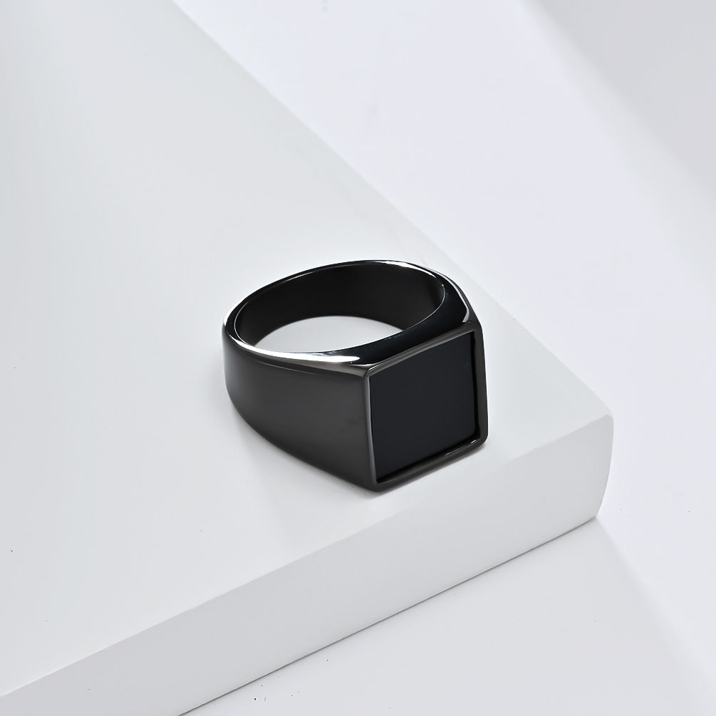 Minimalist Square‑Black‑Face Men’s Wide Signet Ring, 3‑Color Options