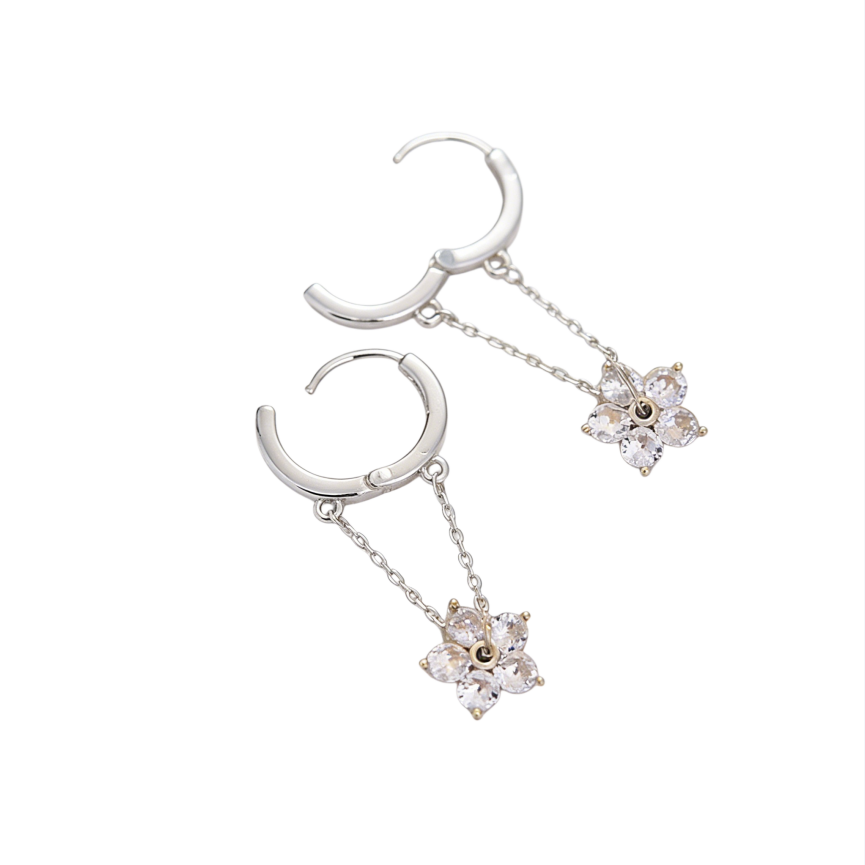 Diamond Flower Drop Huggie Hoop Earrings (2 Colors Delicate Dangle Earrings)