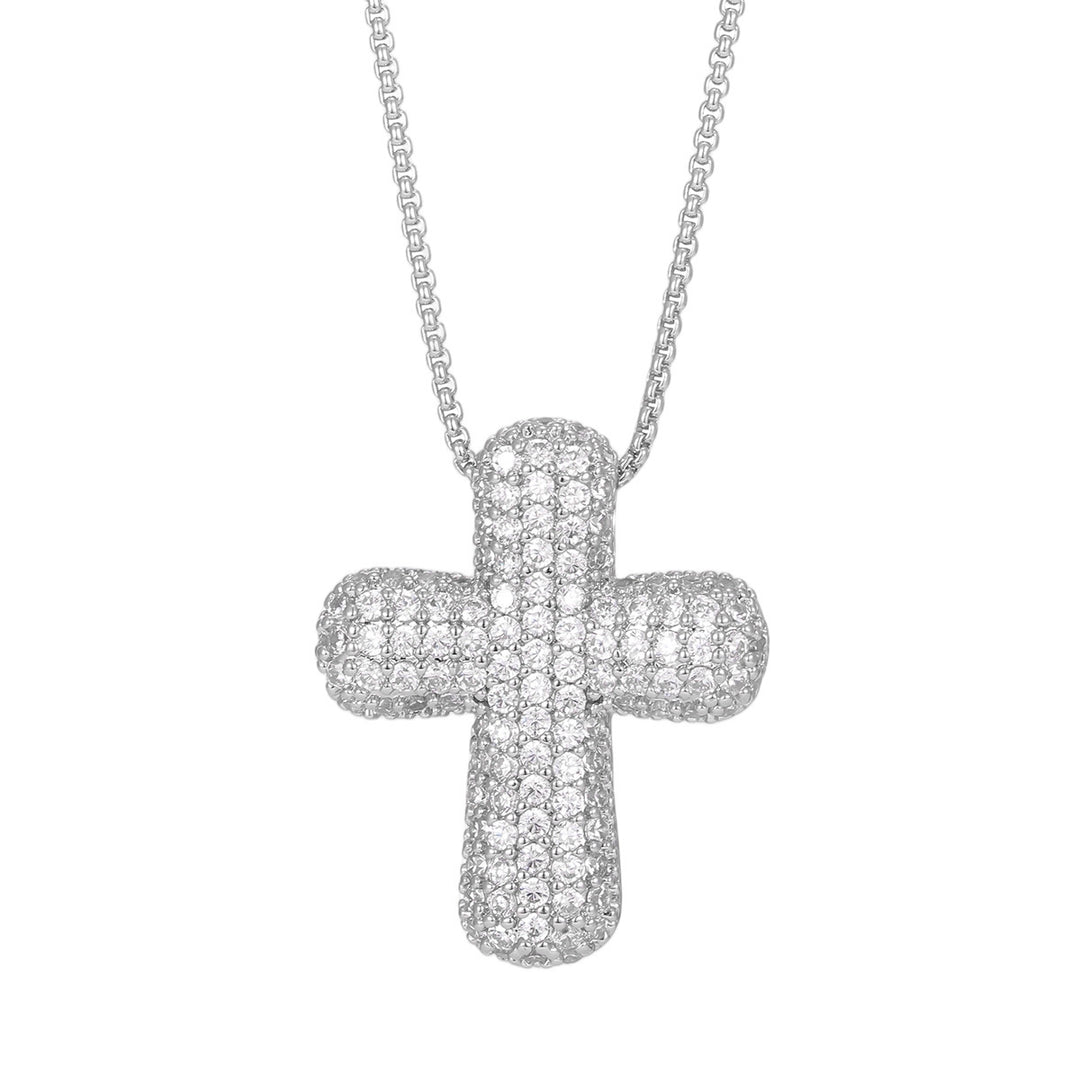 Pavé Diamond 3D Cross S925 Silver Necklace, Hip Hop Iced Out Cross Pendant Chain