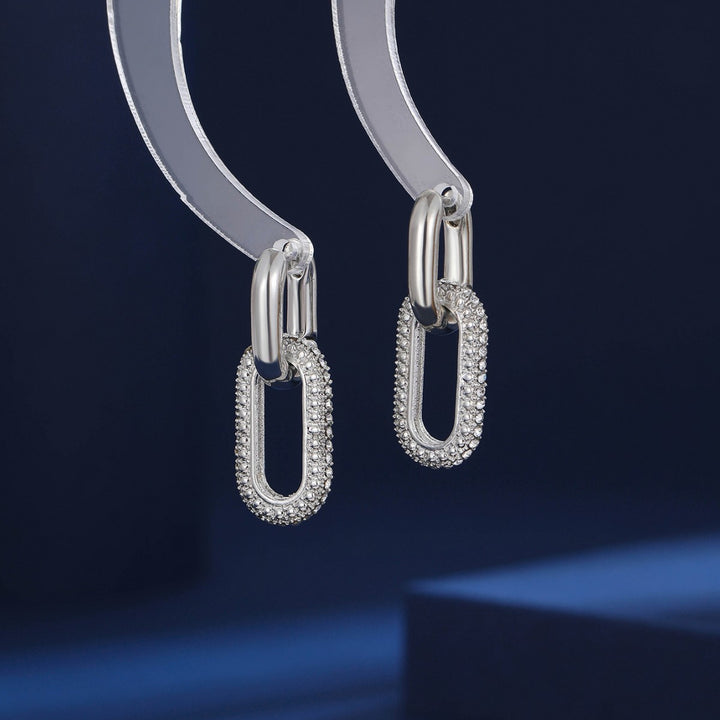 Double Link Paved Diamond Chain Huggie Earrings, Luxury Geometric Long Hollow Earrings, Gold & Silver Two Tones Available