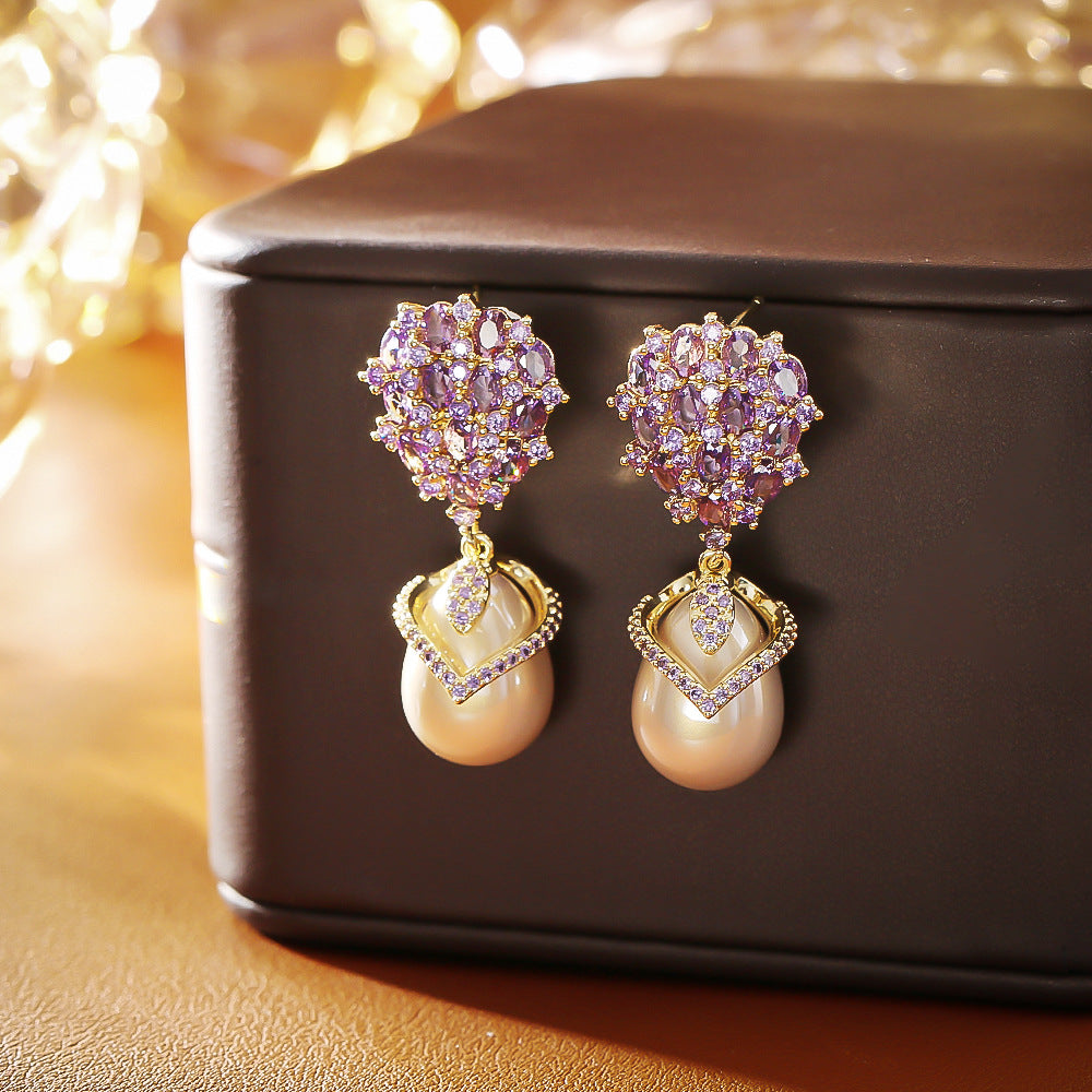 Double Layer Diamond Teardrop Pearl Drop Earrings, Vintage Glam Banquet Long Pearl Earrings, Silver & Gold Two Tones Available