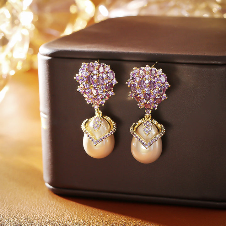 Double Layer Diamond Teardrop Pearl Drop Earrings, Vintage Glam Banquet Long Pearl Earrings, Silver & Gold Two Tones Available