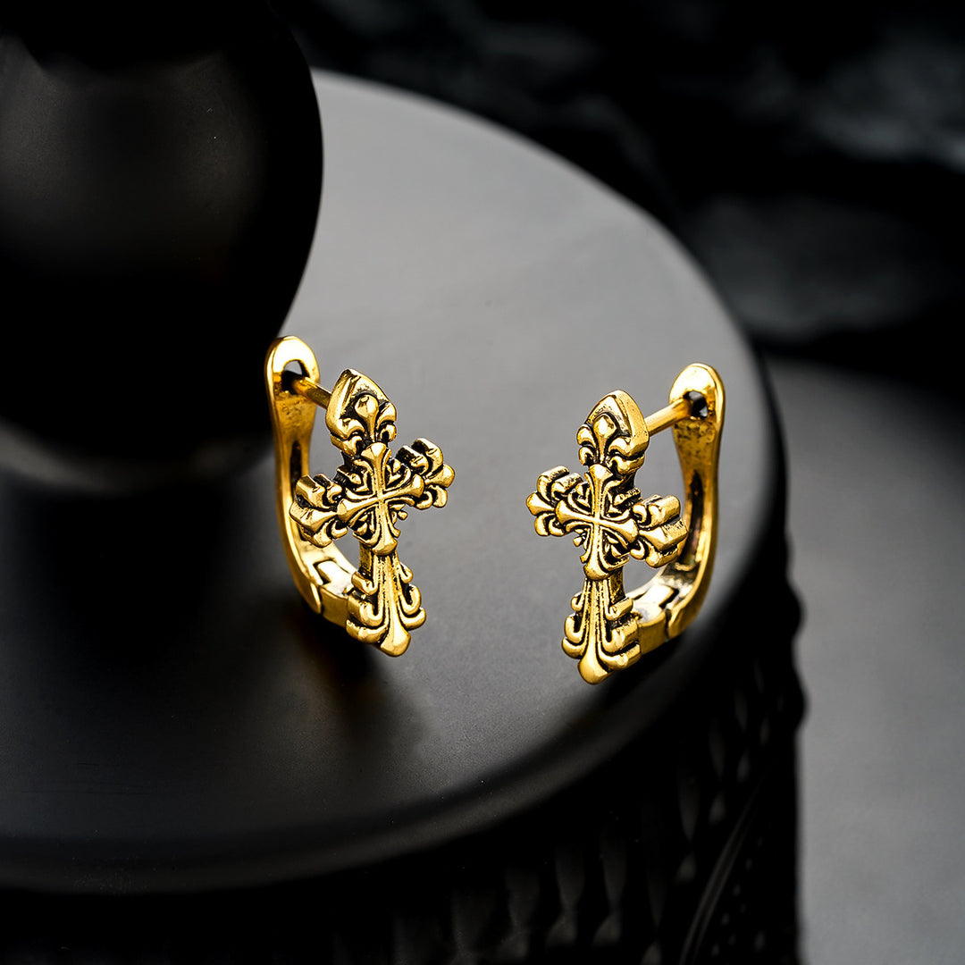 Vintage Carved Cross Hoop Earrings, Antique Retro Cross Ear Cuffs