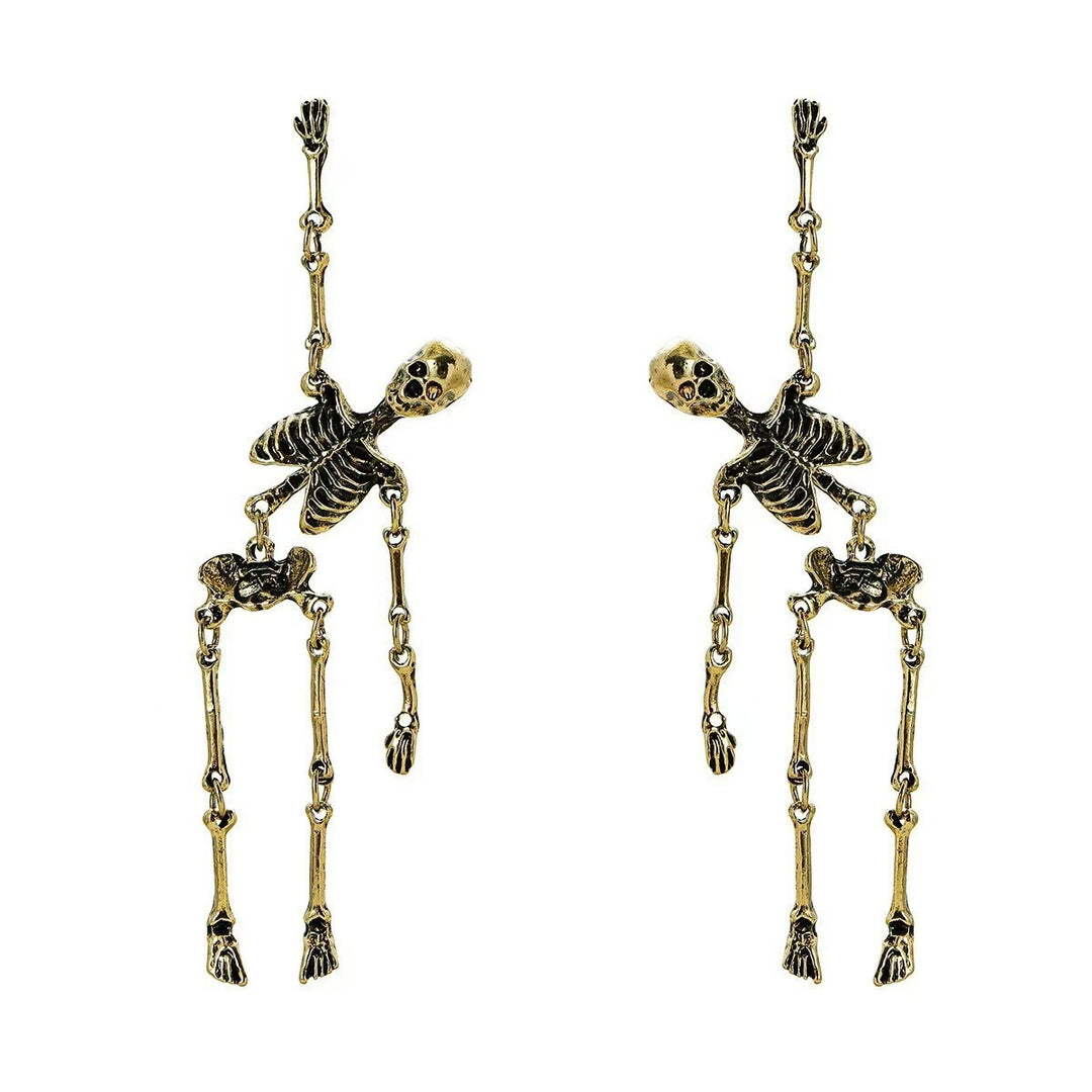 Vintage Antiqued Skeleton Stud Earrings With Heart, Gothic Long S925 Silver Unique Earrings