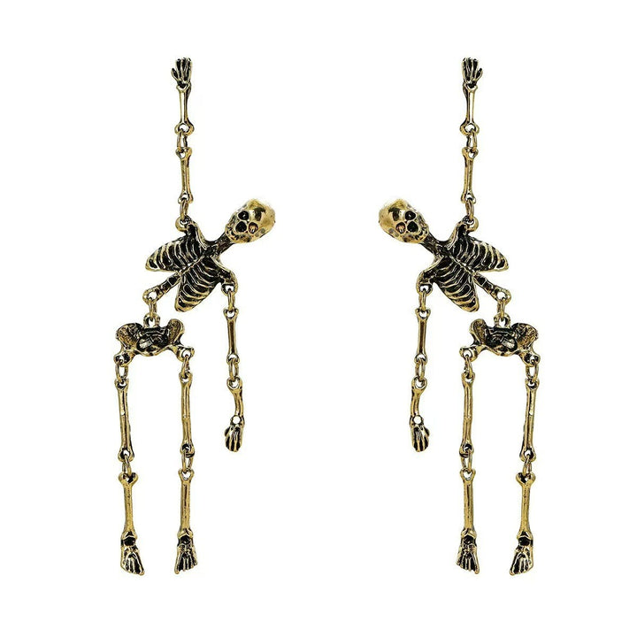 Vintage Antiqued Skeleton Stud Earrings With Heart, Gothic Long S925 Silver Unique Earrings
