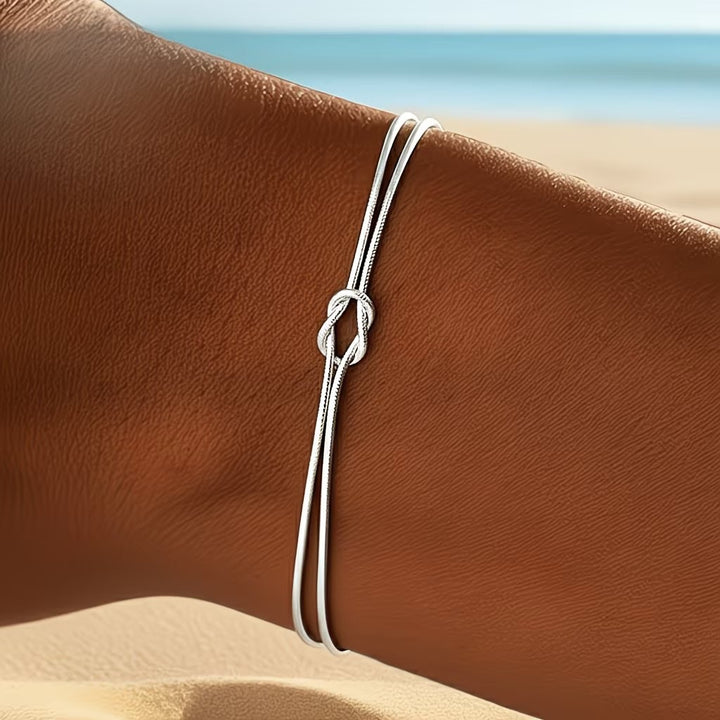 S925 Silver Love Knot Adjustable Snake Chain Bracelet, Minimalist Luxury Two-tone Wrist Jewelry