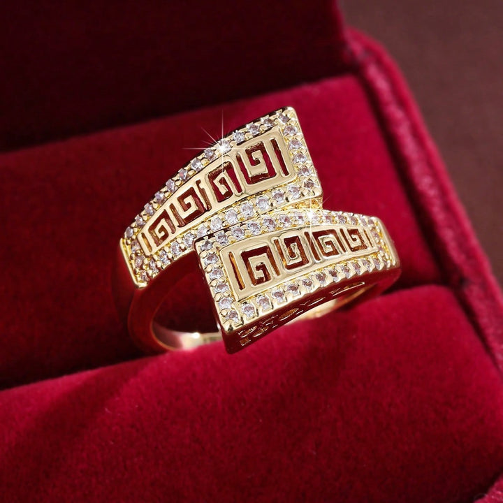 Greek Key Hollow Wrap Ring, Gold Silver Vintage Engraved Damond Wide Band