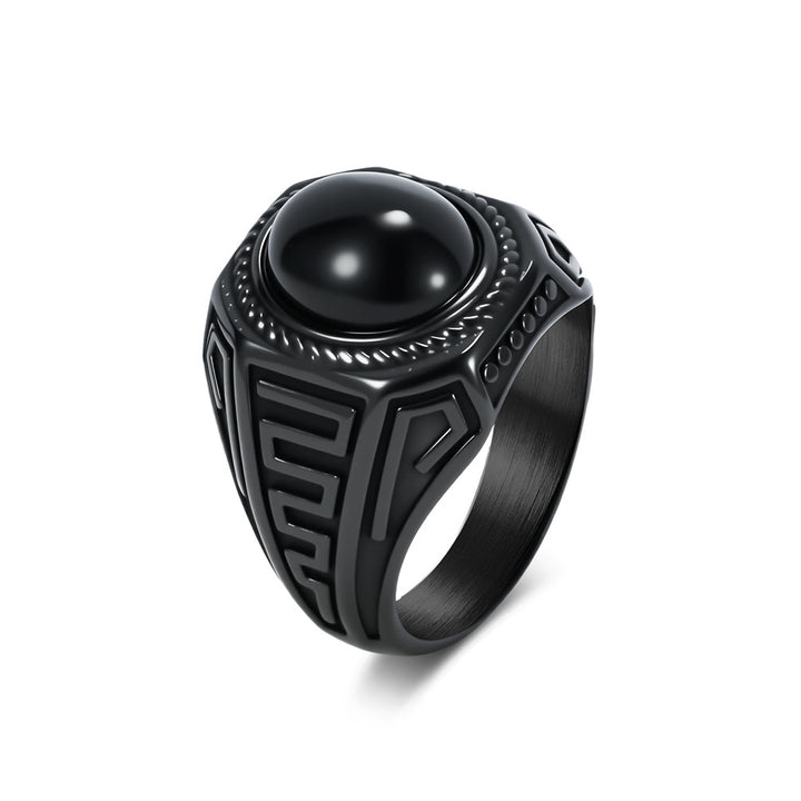 Vintage Meander Pattern Oval Black Onyx Wide Signet Ring, S925 Silver Silver & Matte Black Two-Tone Ethnic Men’s Band