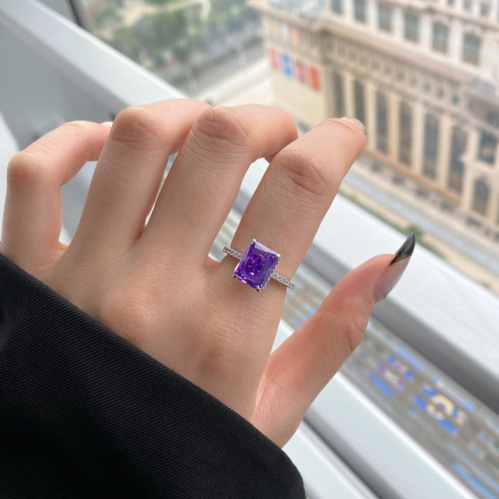 Radiant Cut Rectangular Gemstone Four-Prong Ring, Paved Shank Luxury Engagement Gem Band Multiple Colors