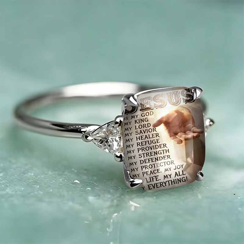 S925 Silver Faith‑Themed Printed Square Stone Ring, Two‑Tone Option Heart‑Accent Religious Ring for Women