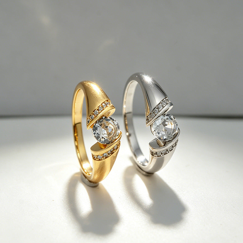 Twisted Bezel‑Set Main Diamond Brushed‑Finish Ring, Gold & Silver Two‑Tone Options