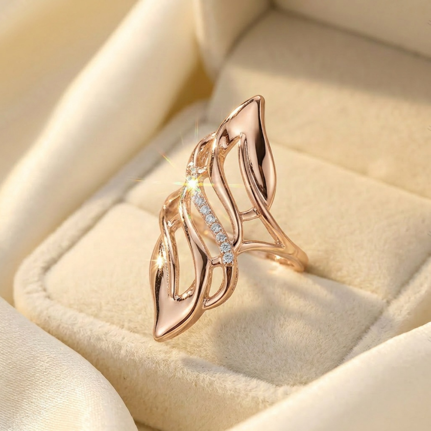 Open S925 Silver Ring With Hollow‑Out Leaf & Paved Diamonds, Luxury Leaf‑Shaped Band, Gold / Silver / Rose‑Gold Three‑Tone