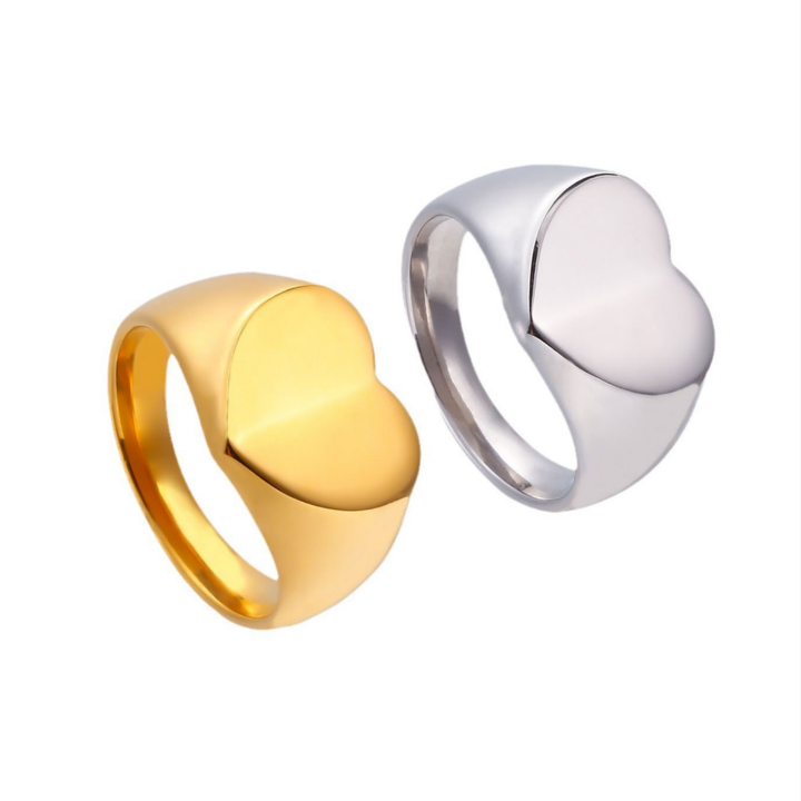 Polished Heart Signet S925 silver Ring, Silver & Gold Solid Heart Wide Band Ring