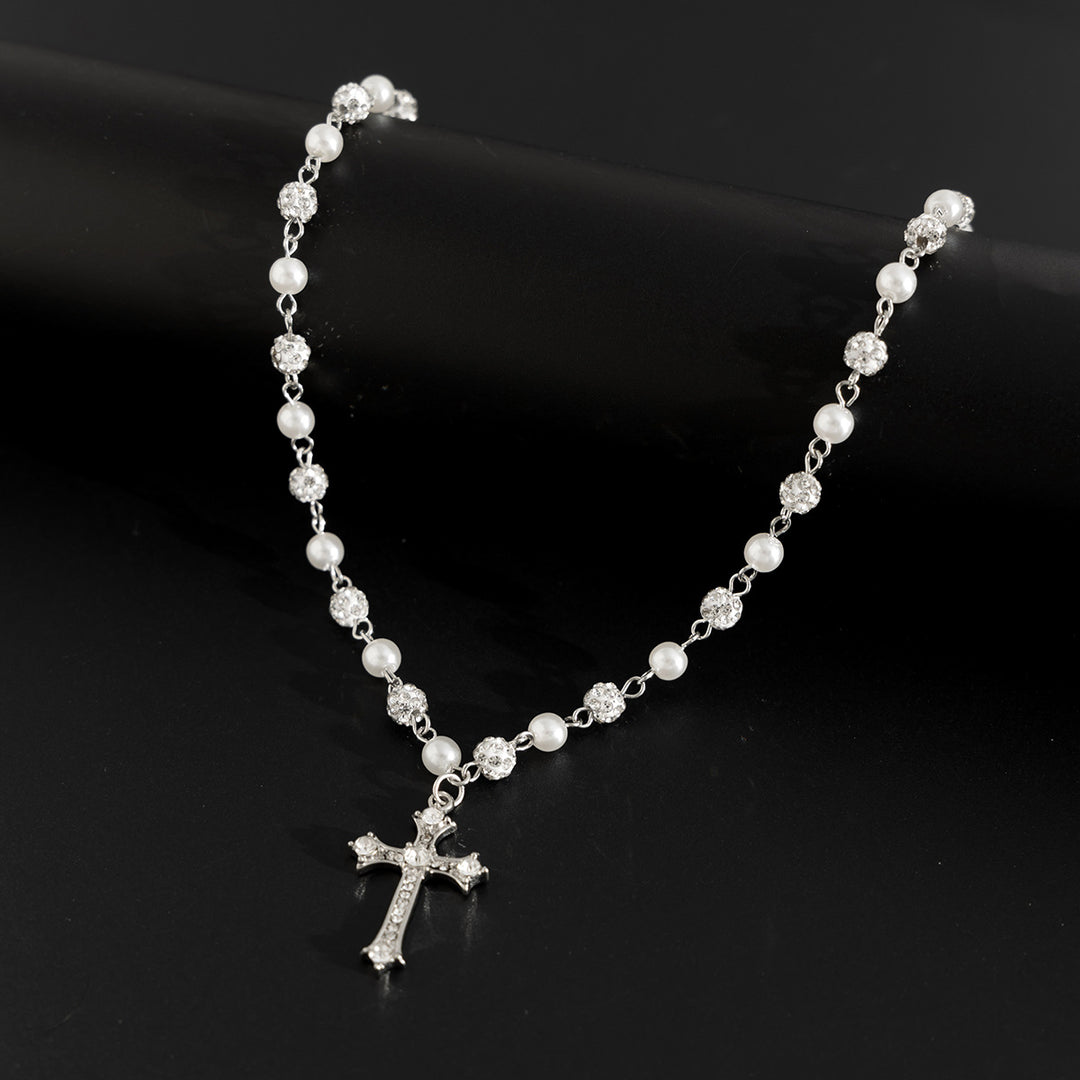 Pearl & Diamond Cross Pendant Necklace (Y2K Edgy Choker)
