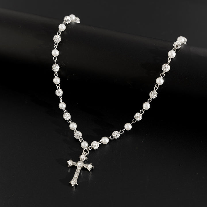 Pearl & Diamond Cross Pendant Necklace (Y2K Edgy Choker)
